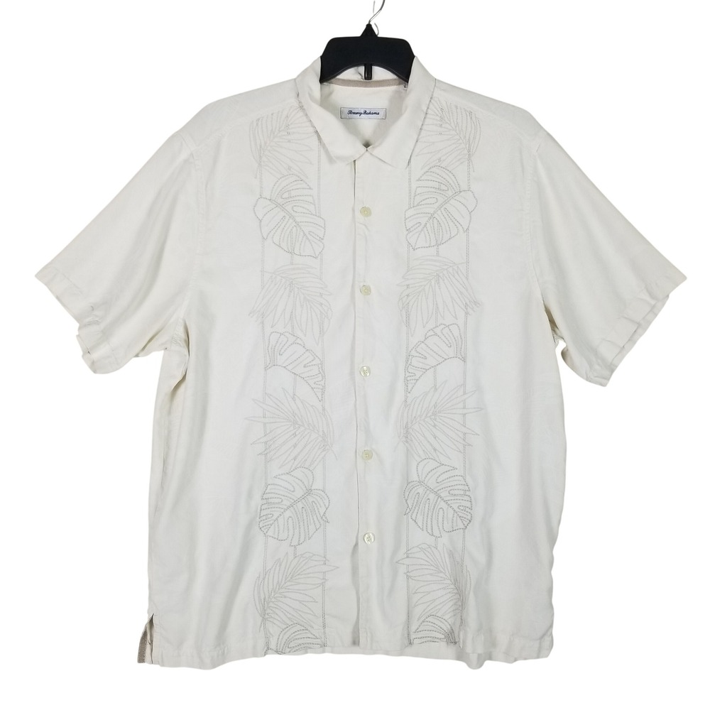 Tommy Bahama Button Up Men XL White Silk Embroidered Tropical Leaf Jacquard